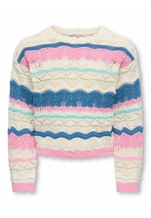 Pull à manches longues en crochet avec bords festonnés, rayures horizontales en crème, bleu, rose et vert menthe.