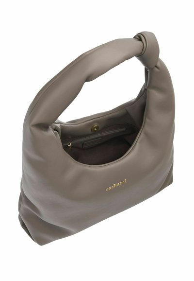 Soft, taupe leather handbag with a knotted handle, featuring a hidden magnetic closure and a zip pocket inside. Gold logo accent on front.