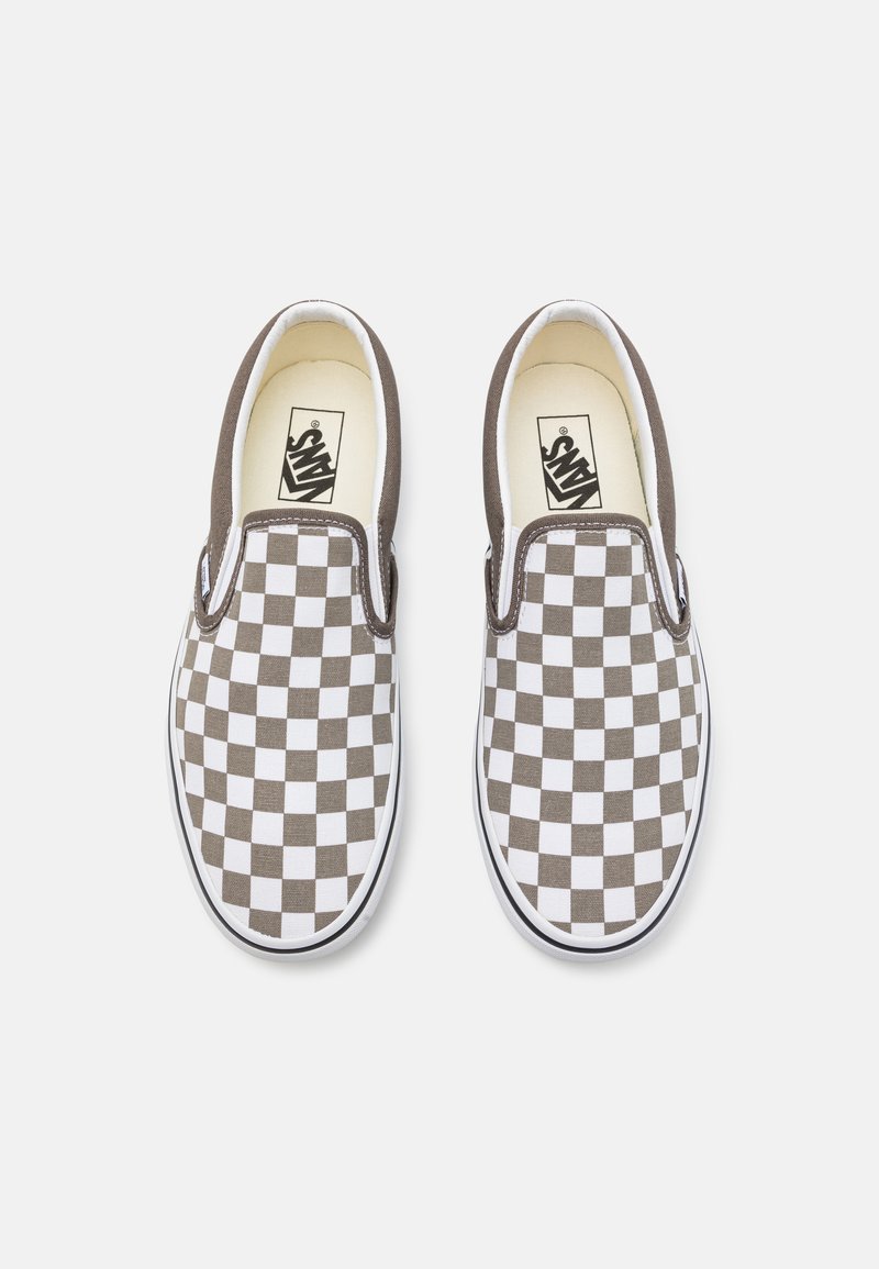grey checkerboard slip on vans