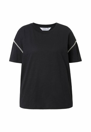 T-shirt nera a maniche corte realizzata in cotone morbido, con scollatura rotonda e dettaglio decorativo a catena sulle maniche.