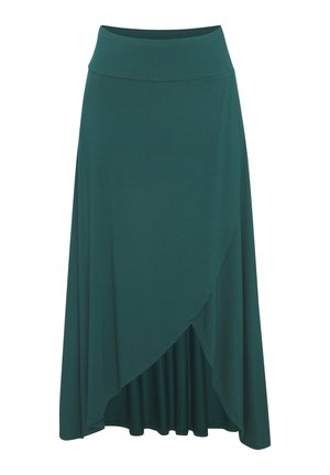 Dunkelgrüner Wickelrock mit hohem Bund und asymmetrischem Saum, mittellanges Design, geeignet für legere oder semi-formelle Anlässe.