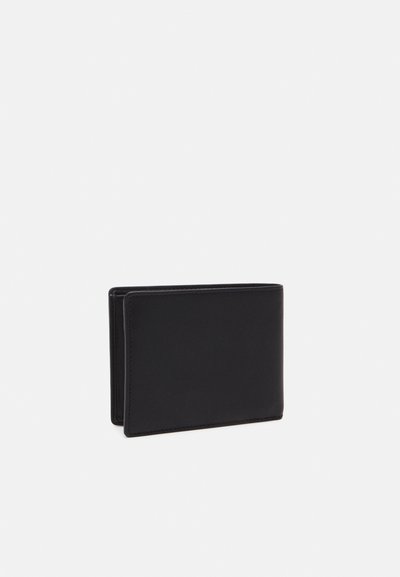 Portefeuille en cuir noir avec une texture lisse, design pliable en deux et bords nets. Comprend plusieurs fentes pour cartes et une forme rectangulaire compacte.