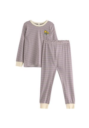 Gestreiftes Pyjama-Set in Lavendel und Creme, mit rundem Ausschnitt, langen Ärmeln und einer Hose mit elastischem Bund, die mit einer Blumenstickerei verziert ist.