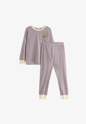 Completo pigiama a righe in lavanda e crema, con colletto rotondo, maniche lunghe e pantaloni con elastico in vita, caratterizzati da un ricamo floreale.