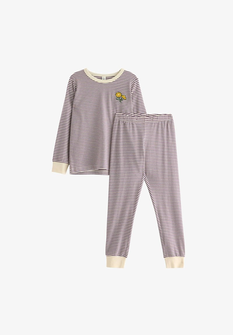 Gestreepte pyjama set in lavendel en crème, met een ronde hals, lange mouwen en broek met elastische tailleband en een bloemenborduursel.
