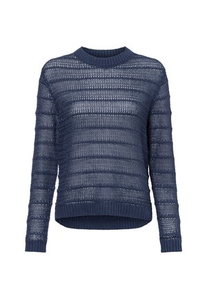 Pull en maille bleu marine avec un col rond, présentant des rayures horizontales et un tissage lâche, mettant en valeur la texture et les détails de construction.