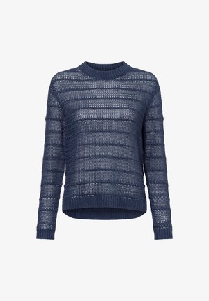 Dunkelblauer Strickpullover mit Rundhalsausschnitt, versehen mit horizontalen Streifen und einer lockeren Maschenstruktur, die Textur und Konstruktionsdetails hervorhebt.
