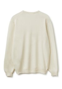 Cremfarbener Wollpullover mit langen Ärmeln und gerippten Bündchen, Kragen und Saum, von hinten auf einem weißen Hintergrund dargestellt.