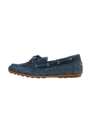 Blue suede moccasin loafer with leather laces and rubber sole, side view on white background.