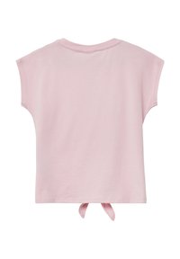 Roze katoenen t-shirt met korte mouwen, gebogen zoom en strikdetail aan de achterkant. Glad textuur met een casual pasvorm.