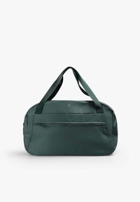 Dunkelgrüne Reisetasche aus robustem Stoff, ausgestattet mit zwei Griffen, einer vorderen Reißverschlusstasche und einer runden Form. Glatte Textur mit minimalen Akzenten.
