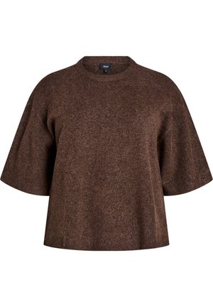 Pull en maille marron à manches courtes avec col rond et coupe décontractée, doté d'un tissu doux et texturé et d'un ourlet simple.