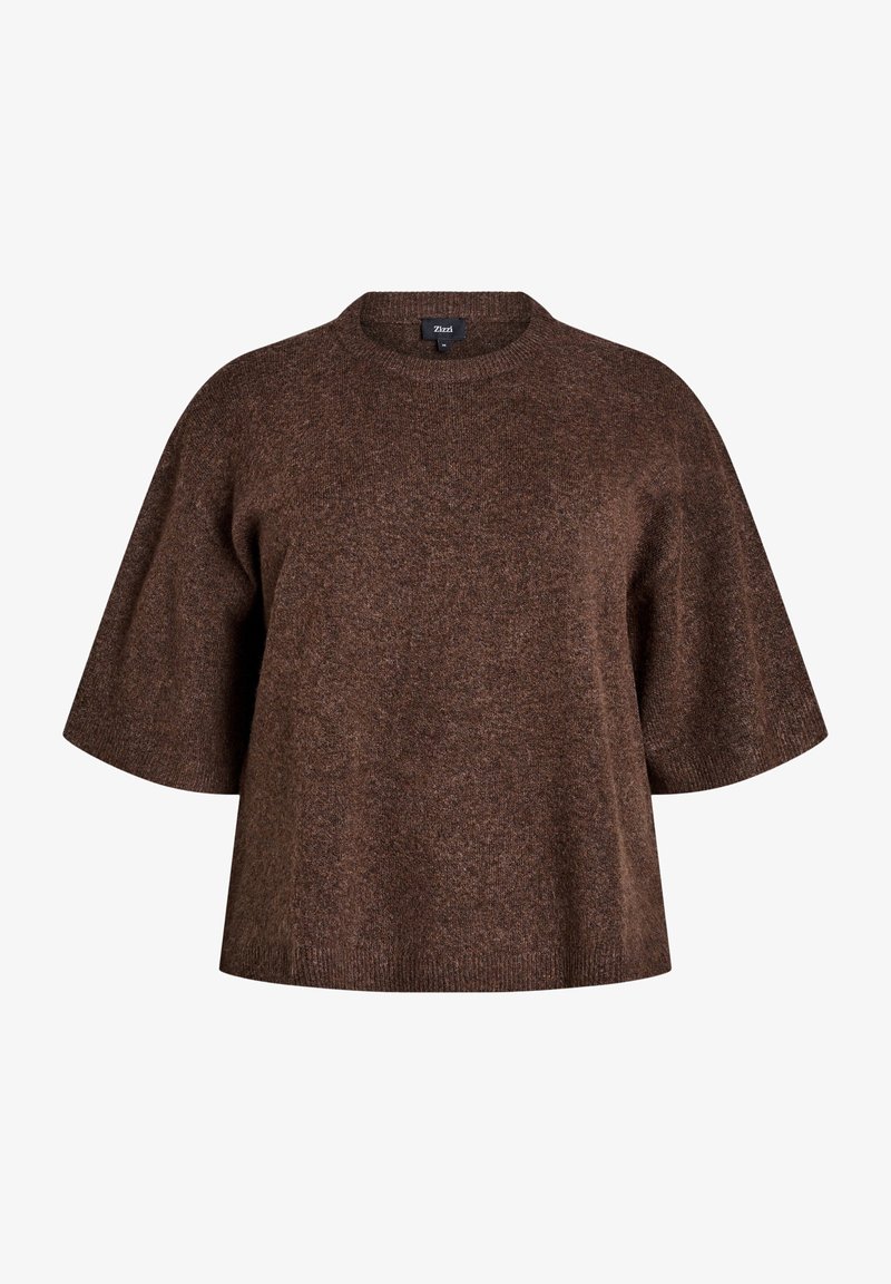 Pull en maille marron à manches courtes avec col rond et coupe décontractée, doté d'un tissu doux et texturé et d'un ourlet simple.