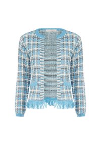 Cardigan blu e bianco con motivo a scacchi, orlo frangiato e sezione centrale testurizzata. Inclusi due taschini laterali.