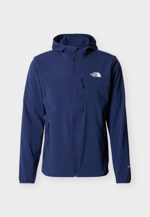 Tengerészkék kapucnis dzseki elülső cipzárral, mellkasi zsebbel, oldalzsebekkel és fehér The North Face logóval a bal mellrészen.
