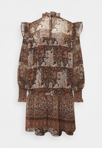 Langärmliges, durchsichtiges Kleid in Braun und Orange mit Blumen- und Paisleymustern. Rüschendetails an den Schultern und elastische Bündchen. Schlüsselaugenöffnung am Rücken.