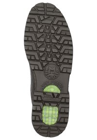 Semelle de chaussure en caoutchouc avec un motif de semelle profond pour une meilleure adhérence, un logo au centre, et un détail de amortisseur vert près du talon.