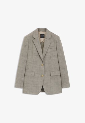 Enkeltknappet lysebrun blazer med struktur, notch-kraver, to forreste knapper, klaplommer og et sort BOSS-mærke indeni kraven.