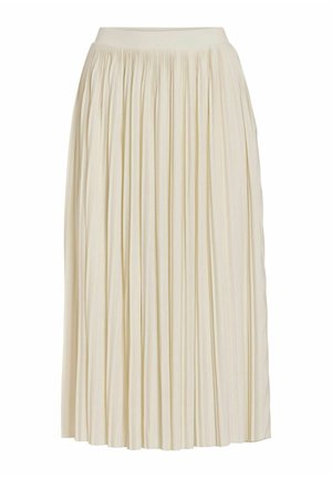 Cream-colored midi skirt with narrow vertical pleats and a fitted waistband, displayed on a plain white background.