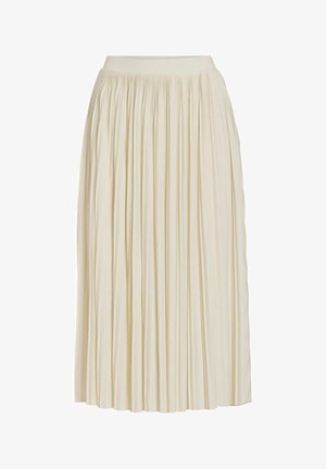 Cream-colored midi skirt with narrow vertical pleats and a fitted waistband, displayed on a plain white background.