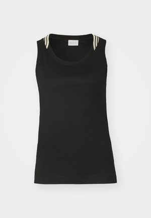 Schwarzes Tanktop mit rundem Ausschnitt und schmalen Trägern, das weiße horizontale Streifen auf den Schultern für Akzente und Kontraste aufweist.