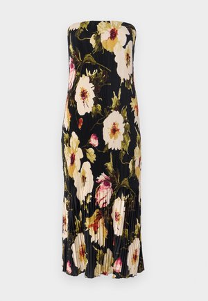 Strapless black dress with a pleated design, featuring large floral patterns in cream, pink, and green. Below knee-length with subtle ruffles.