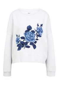 Sudadera blanca de manga larga con puños y dobladillo acanalados, que presenta un gran diseño de rosas azules bordadas y hojas en la parte frontal.