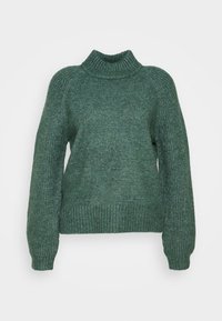 Pull à col roulé tricoté vert avec manches longues bouffantes et poignets et ourlet côtelés, présenté sur un fond blanc.