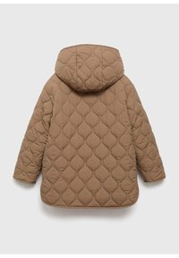 Chaqueta marrón acolchada con capucha, mangas largas y dobladillo redondeado, mostrada desde atrás sobre un fondo claro y liso.