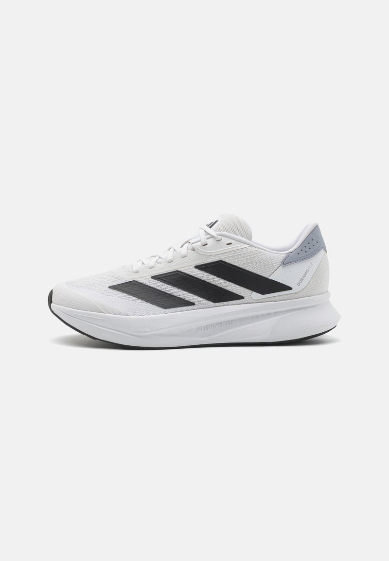 White running shoe with black stripes, gray heel detail, and textured mesh upper. Lightweight design features a rubber sole for traction.