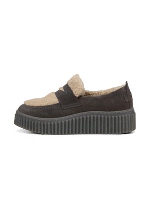 Mørkegrå ruskind plataforma slip-on med tyk riflet sål og beige lammeuld for og øvre detaljer, set fra siden på hvid baggrund.