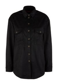 Camicia nera a maniche lunghe con bottoni, dotata di due tasche sul petto con bottone e colletto classico, realizzata in un tessuto simile alla pelle scamosciata.