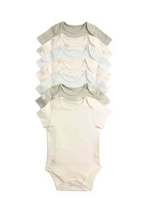 Sette body per bambini in morbido cotone in tonalità neutre con maniche corte e lunghe, piccoli motivi di animali e chiusure a scatto sul fondo.