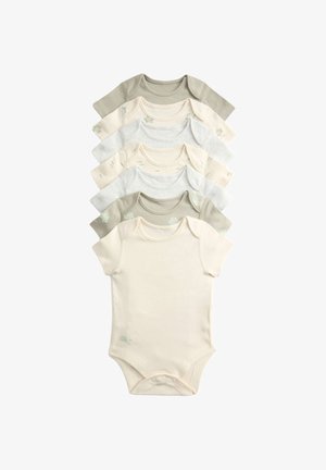 Zeven zachte katoenen babyrompers in neutrale tinten met korte en lange mouwen, kleine dierenprints en drukknoopsluitingen aan de onderkant.