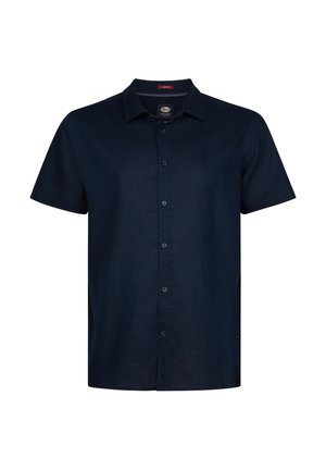 Camisa de manga corta con botones en tela azul marino oscuro. Cuenta con cuello clásico, botones delanteros y aberturas laterales para mayor comodidad y ajuste.