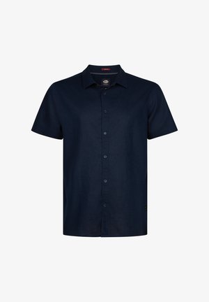Camicia a maniche corte con bottoni in tessuto blu scuro. Presenta un classico colletto, bottoni frontali e spacchi laterali per comfort e vestibilità.