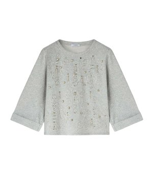 Grijze katoenen sweatshirt met lange mouwen, voorzien van complexe zilveren en gouden kraalversieringen en een relaxed fit. Gevouwen manchetten als detail.