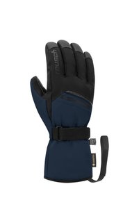 Vattentäta marinblå handskar med svart handflata, vadderad design, justerbart handledsband och förstärkt sömnad. Har Gore-Tex-logotyp.