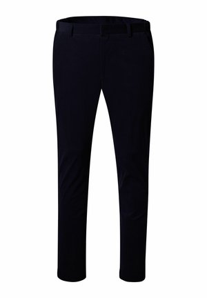 Heren slim-fit donkerblauwe corduroy broek met riemlussen, voorzakken en ritsgulp.