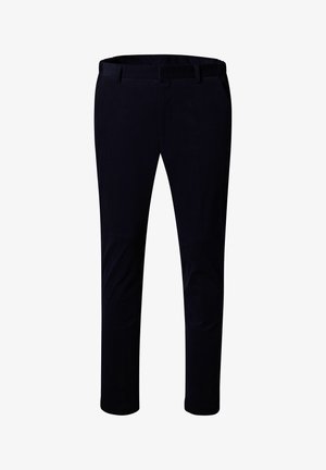 Heren slim-fit donkerblauwe corduroy broek met riemlussen, voorzakken en ritsgulp.