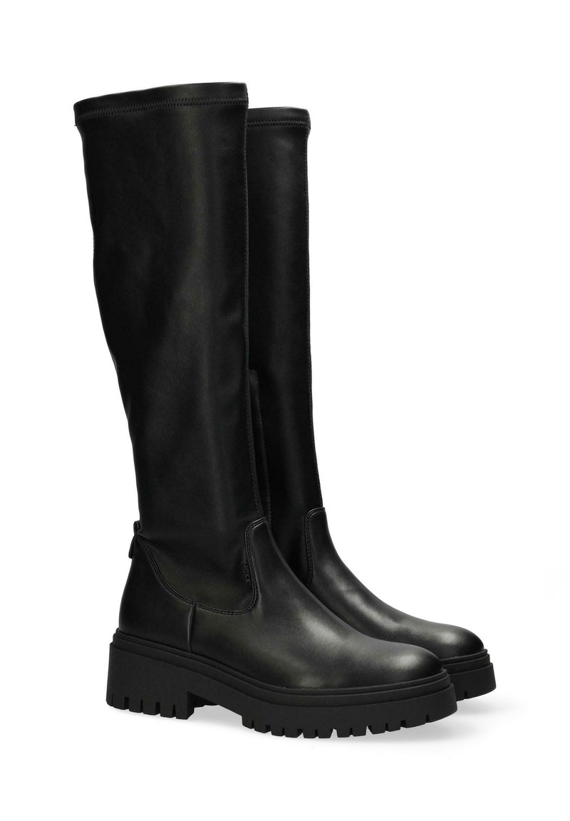 Schwarze kniehohe Stiefel aus glattem Leder mit einer strukturierten Gummisohle. Verfügen über minimale Nähte und eine elegante Silhouette.