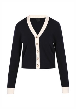 Marine cardigan med dyb V-udskæring, cremefarvet kant, seks guldbutton lukning foran og lange ærmer med cremefarvede manchetter. Fremstillet af blødt strikstof.