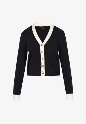 Marine cardigan med dyb V-udskæring, cremefarvet kant, seks guldbutton lukning foran og lange ærmer med cremefarvede manchetter. Fremstillet af blødt strikstof.