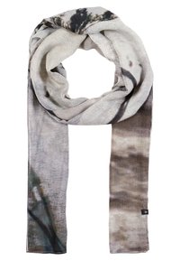 Écharpe légère avec un motif tie-dye abstrait aux tons bruns, beiges, gris et noirs atténués, en boucle lâche avec les extrémités pendantes.