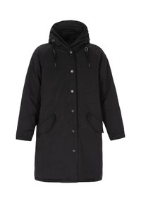 Sort parka med hætte, lavet af et struktureret stof. Har trykknapper, to frontlommer og justerbare snore i hætten.
