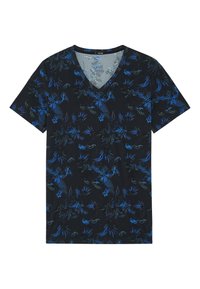 Short-sleeve, V-neck t-shirt in black with blue floral pattern. Made of soft fabric with smooth texture and relaxed fit design.