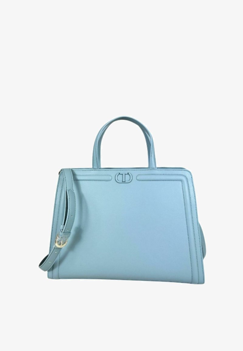 Borsa in pelle blu con design strutturato, manici superiori, tracolla removibile e dettagli hardware minimalisti. Texture morbida.