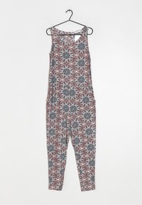 Combinaison multicolore avec un motif floral et géométrique, sans manches, en tissu léger, avec une coupe décontractée et des poches latérales.