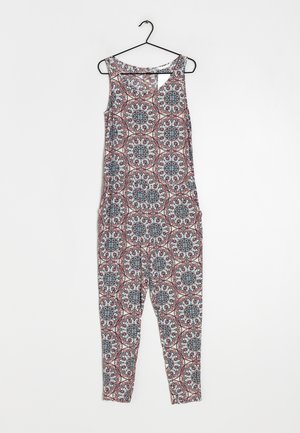 Mehrfarbiger Jumpsuit mit floralem und geometrischem Muster, ärmellosem Design, leichtem Stoff und lässiger Passform mit seitlichen Taschen.
