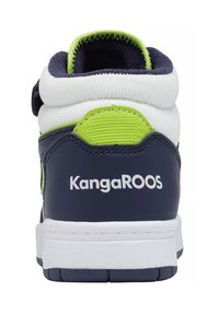 High-top sneakers in navy blue and white with neon green accents. Features textured fabric and leather, adjustable strap, and logo detail.